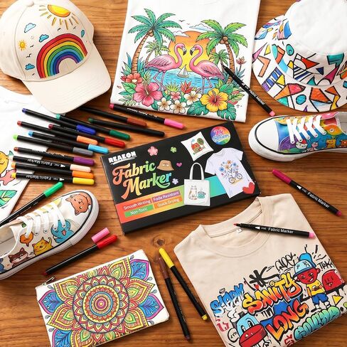 Reaeon Fabric Markers, 24 Colors Fabric Decorating Kit for Clothes, No Bleed Fine Tips Paint Pens for T-Shirts Bags, Textile, Canvas, and More in Kuwait