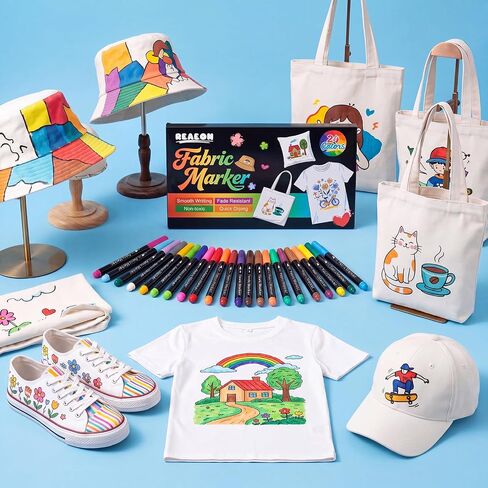Reaeon Fabric Markers, 24 Colors Fabric Decorating Kit for Clothes, No Bleed Fine Tips Paint Pens for T-Shirts Bags, Textile, Canvas, and More in Kuwait