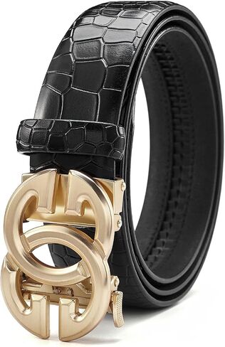 Fashion Mens Real Leather Ratchet Belt Black Adjustable Length Full Grain Soft Genuine Cowhide Strap 1.5 Inch Wide in Kuwait