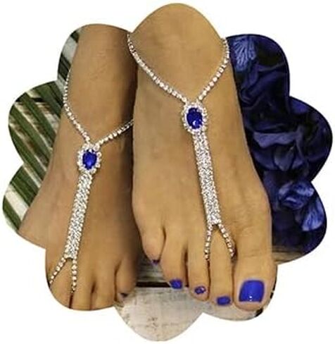 Chargances Boho كريستال سلسلة القدم مع حلقة اصبع القدم الأزرق حجر الراين صنادل بيرفوت سوار الكاحل الشاطئ الزفاف تنس الكاحل سلسلة مجوهرات للنساء والفتيات (زوج واحد) (أزرق) in Kuwait