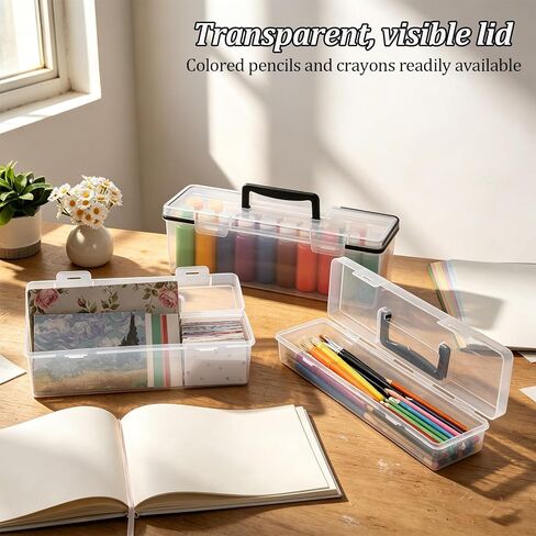 3 Pcs Clear Paint and Paint Brush Storage Box Set with Handles Portable Plastic Storage Bins Craft Organizer for Tea Bags Kitchen Utensils Office Supplies and Craft Tools in Saudi Arabia
