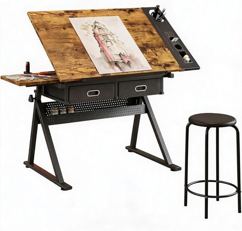 Height Adjustable Drafting Table, 0-75° Tilting Art Desk with Stool, Brown in Saudi Arabia