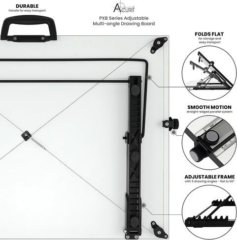 Acurit Multi-Angled 20"x26" PXB Drawing Board + Bag Carrier - Portable Tabletop Workspace, Sketching, Drafting, Painting - Portable Laminated Surface w/Ruler & Parallel Motion Bar in Kuwait