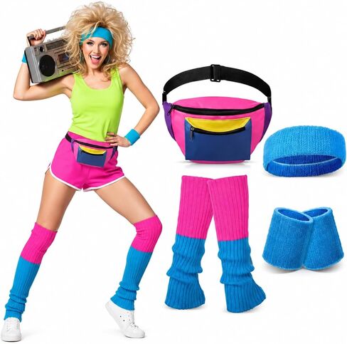 5 Pcs 80s 90s Women Neon Leg Warmers Set Neon Retro Fanny Pack Knit Leg Warmers Headband Wristband for Cosplay Party in Kuwait