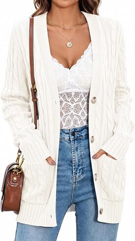 MEROKEETY Women's Long Sleeve Cable Knit Button Cardigan Sweater Open Front Outwear Coat with Pockets in Kuwait