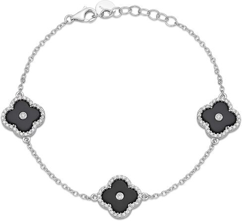 Lavari Jewelers Black Onyx, Green Malachite or Mother of Pearl and Cubic Zirconia Triple Flower Bracelet for Women in 925 Sterling Silver with Gold Plating Adjustable Lobster Claw in Kuwait
