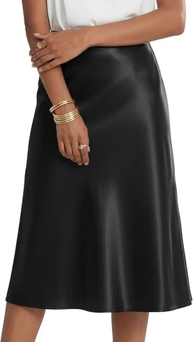 Rooscier Women's Silky Satin High Waist A Line Flared Zipper Elegant Midi Skirt in Kuwait