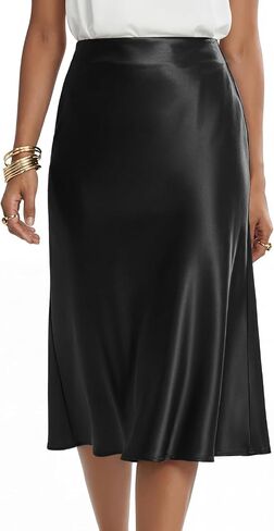 Rooscier Women's Silky Satin High Waist A Line Flared Zipper Elegant Midi Skirt in Kuwait