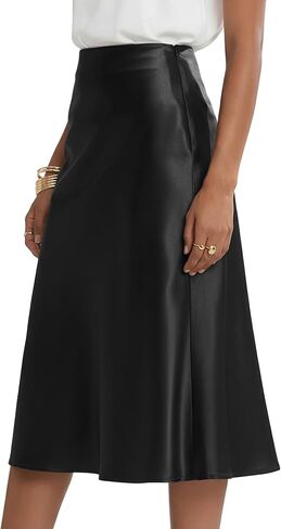 Rooscier Women's Silky Satin High Waist A Line Flared Zipper Elegant Midi Skirt in Kuwait