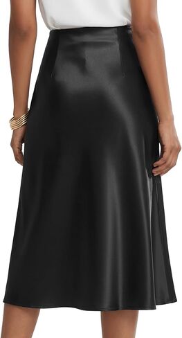 Rooscier Women's Silky Satin High Waist A Line Flared Zipper Elegant Midi Skirt in Kuwait