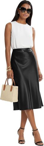 Rooscier Women's Silky Satin High Waist A Line Flared Zipper Elegant Midi Skirt in Kuwait