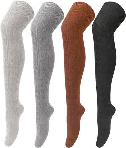 4 Pairs Thigh High Socks for Women Knit Long Over the Knee Socks Knee High Socks Gifts in Kuwait