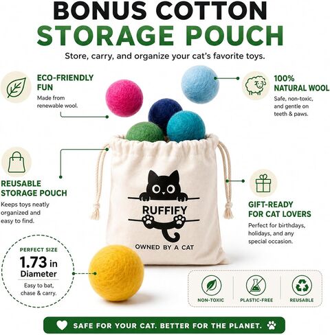 Cat Felt Balls 6 Pack, Wool Toy Balls for Indoor Cats, No Catnip in Kuwait