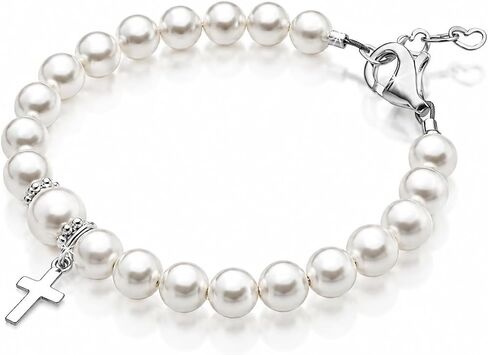 Sterling Silver Cross Charm Bracelet for Girls Christening, Baptism Gifts, Girls Jewelry with White Simulated Pearl Bracelets for Girl, Newborn, Infant, Toddler, Teens in Kuwait
