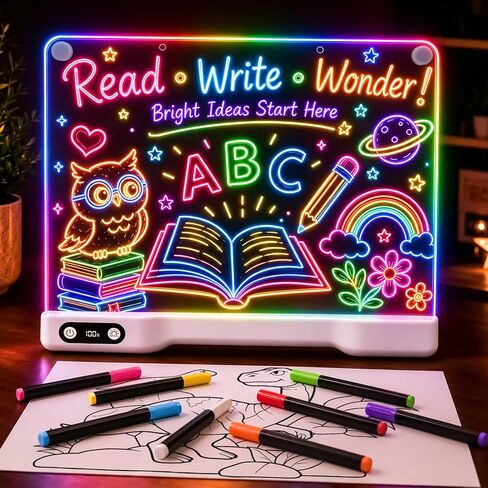 16" LED Drawing Board for Kids with 16 Light Modes, Rechargeable Acrylic Dry Erase Board with Music Sync, Light Up Message Board with 12 Pens & Timer, Christmas Birthday Gifts for Girls Boys 3-8 in Kuwait