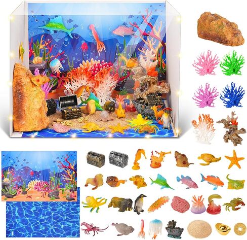 Gleom Ocean Diorama Kit with Under The Sea Animal Figures, Mini Shark and Fish Set, Artificial Coral and Seagrass Habitat Supplies with Gift Box for Birthday Party Decor and Creative Play in Kuwait