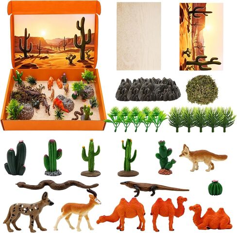 Suxzioec 30 Pcs Desert Diorama Box Kit Desert Diorama Supplies Include Deserts Animal Figures Toys Habitat Project Box Set with Reptiles Camel Fox Lizard Snake for Historical Education School Project in Kuwait