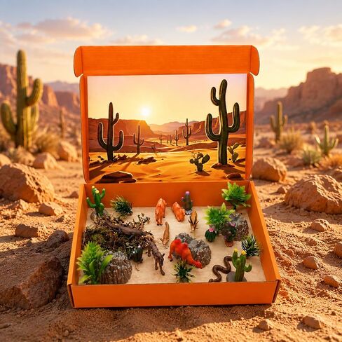 Suxzioec 30 Pcs Desert Diorama Box Kit Desert Diorama Supplies Include Deserts Animal Figures Toys Habitat Project Box Set with Reptiles Camel Fox Lizard Snake for Historical Education School Project in Kuwait