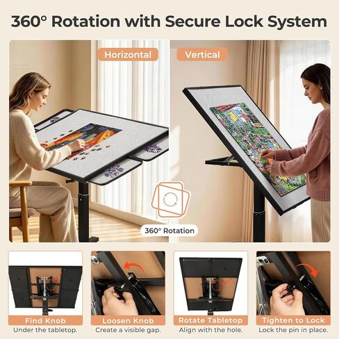 ALL4JIG 1500 Pieces Metal Jigsaw Puzzle Table, 24.92"x33.43", Tilting&Rotating Jigsaw Puzzle Board with 4 Drawers&Cover, Adjustable Height Puzzle Table with Hand Crank, for Bricks Building in Kuwait
