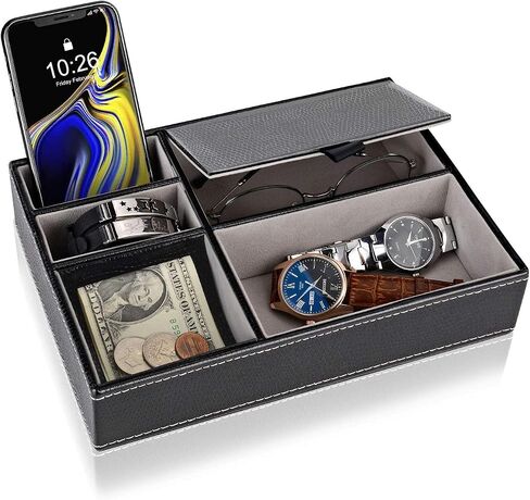 Baoyun Mens Valet Tray Organizer, Mens Jewelry Box, Nightstand Organizer with 5 Compartments, Dresser Faux Leather Storage Box for Wallet, Phone, Keys (Black) in Kuwait