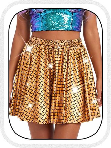 GRAEEN Mermaid Skirts Fish Scale Skater Skirts Sparkly Flared Pleated Mini Skirt High Waisted Costume Performance Skirt in Kuwait