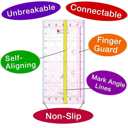 Guidelines Ruler - 6" x12", Non-Slip, Connectable, Self-Aligning, Finger Guard, Made in USA, for Quilting and Sewing in Kuwait