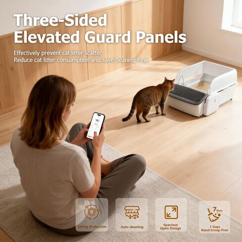 Self Cleaning Cat Litter Box Automatic Litter Box for Multiple Cats 2026 Upgraded Open Top Extra Large with App Control/Splash Guard/Safety Anti-Pinching Design/Odor Control Includes Waste Bags in Kuwait