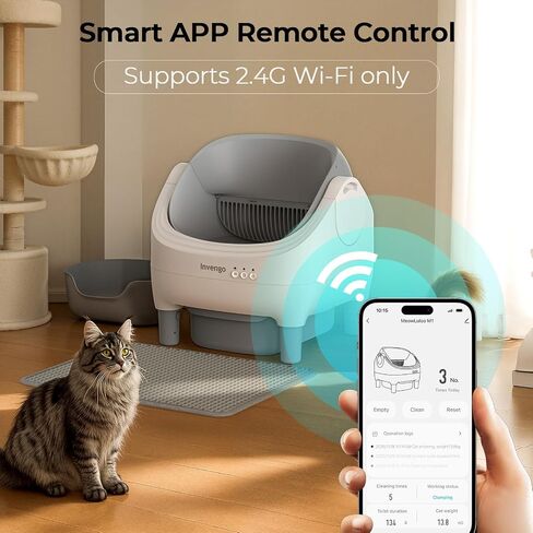 Invengo Automatic Cat Litter Box Self Cleaning, App Control, Open-Top Automatic Litter Box with Safety Sensors, Ultra-Quiet, 10.5L Waste Bin with Odor Control, 2 Rolls of Garbage Bags, LightGrey in Kuwait