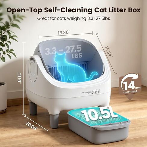 Invengo Automatic Cat Litter Box Self Cleaning, App Control, Open-Top Automatic Litter Box with Safety Sensors, Ultra-Quiet, 10.5L Waste Bin with Odor Control, 2 Rolls of Garbage Bags, LightGrey in Kuwait