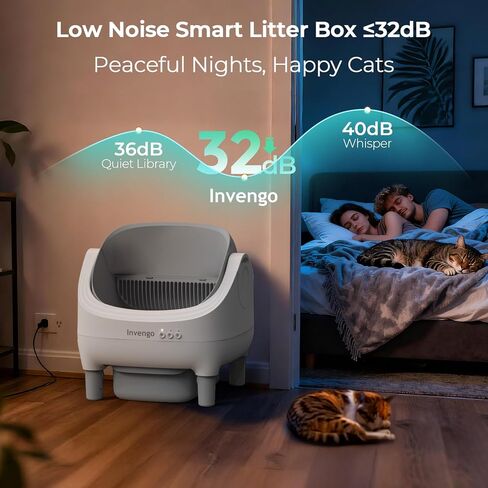 Invengo Automatic Cat Litter Box Self Cleaning, App Control, Open-Top Automatic Litter Box with Safety Sensors, Ultra-Quiet, 10.5L Waste Bin with Odor Control, 2 Rolls of Garbage Bags, LightGrey in Kuwait