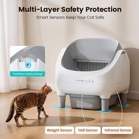 Invengo Automatic Cat Litter Box Self Cleaning, App Control, Open-Top Automatic Litter Box with Safety Sensors, Ultra-Quiet, 10.5L Waste Bin with Odor Control, 2 Rolls of Garbage Bags, LightGrey in Kuwait