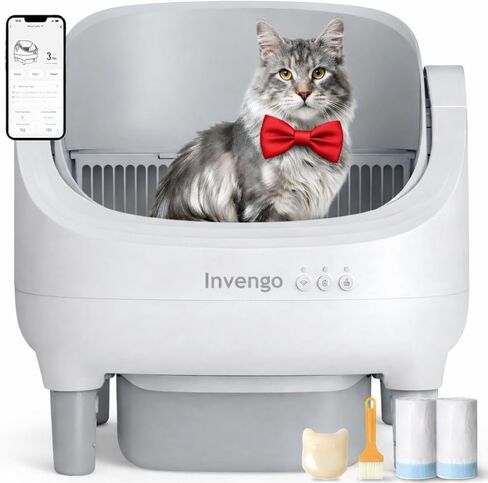 Invengo Automatic Cat Litter Box Self Cleaning, App Control, Open-Top Automatic Litter Box with Safety Sensors, Ultra-Quiet, 10.5L Waste Bin with Odor Control, 2 Rolls of Garbage Bags, LightGrey in Kuwait