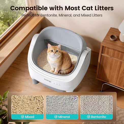 Invengo Automatic Cat Litter Box Self Cleaning, App Control, Open-Top Automatic Litter Box with Safety Sensors, Ultra-Quiet, 10.5L Waste Bin with Odor Control, 2 Rolls of Garbage Bags, LightGrey in Kuwait
