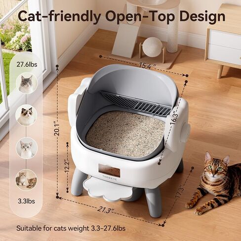 Thereye Automatic Litter Box, Open-Top Self Cleaning Litter Box with Entry Step, 11 Safety Protections & App Control, 10L Waste Bin with Odor Control Smart Cat Litter Box with Trash Bags/Litter Mat in Kuwait