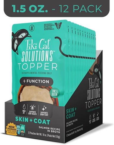 Tiki Cat Solutions Topper, Skin + Coat, Salmon Recipe in Broth, 1.5 oz. Pouch (12 Count) in Saudi Arabia