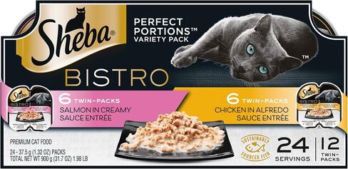 Sheba Perfect PORTIONS Bistro Wet Cat Food Trays (12 Count, 24 Servings), Chicken in Alfredo Sauce and Salmon in Creamy Sauce Entrée, Easy Peel Twin-Pack Trays in Kuwait