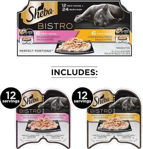 Sheba Perfect PORTIONS Bistro Wet Cat Food Trays (12 Count, 24 Servings), Chicken in Alfredo Sauce and Salmon in Creamy Sauce Entrée, Easy Peel Twin-Pack Trays in Kuwait