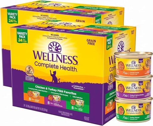 Wellness Complete Health Pate Adult Wet Cat Food,Natural,Protein-Rich,Grain-Free,3 Ounce,(Chicken & Turkey Variety Pack),(Pack of 48) in Kuwait