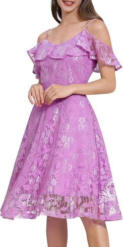 IWEMEK Women Spaghetti Strap Floral Lace Bridesmaid Cocktail Party Dress Cold Shoulder Ruffle Sleeve Wedding Guest Prom Dress in Kuwait