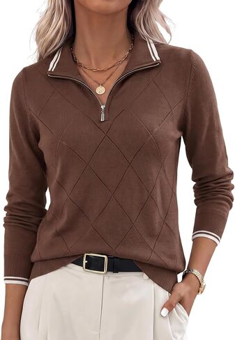 JACK SMITH Pullover Sweaters for Women Long Sleeve Argyle Quarter Zipper Collar Polo Sweater Ribbed Knit Golf Tops in Kuwait
