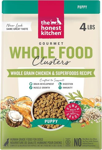 The Honest Kitchen Puppy Whole Grain Chicken & Superfoods Whole Food Clusters, Vet Crafted Human Grade Dry Dog Food for Puppies, Supports Brain & Eye Health, Healthy Growth & Digestion, 4 lb Bag in Kuwait