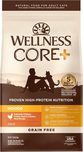 Wellness CORE+ Adult Dry Cat Food for Indoor Cats, Natural, Grain Free Kibble, Chicken, Turkey and Chicken Meal Recipe, 5 lb Bag in Kuwait