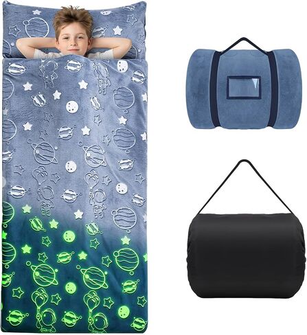 Kids Sleeping Bag for Girls Boys Glow in The Dark Nap Mat Luminous Soft Sleepover Bag with Pillow Portable Slumber Bag for Sleepovers Camping Travel Daycare Kindergarten 30 x 67 in in Kuwait