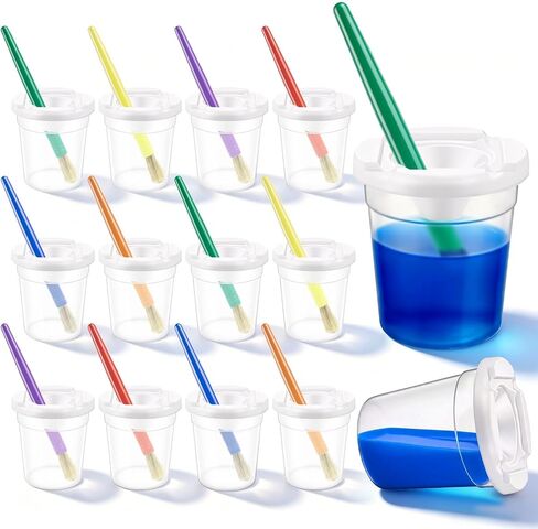 No Spill Paint Cups with Lids for Kids, 12 Paint Cups, 12 PaintBrushes in Kuwait