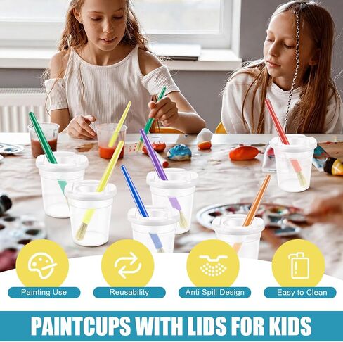 No Spill Paint Cups with Lids for Kids, 12 Paint Cups, 12 PaintBrushes in Kuwait