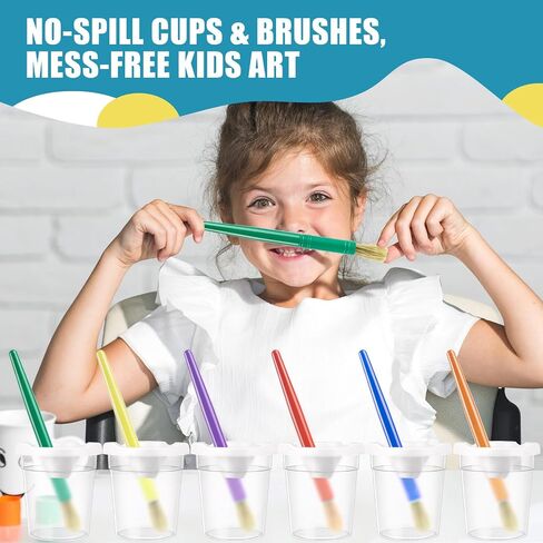 No Spill Paint Cups with Lids for Kids, 12 Paint Cups, 12 PaintBrushes in Kuwait