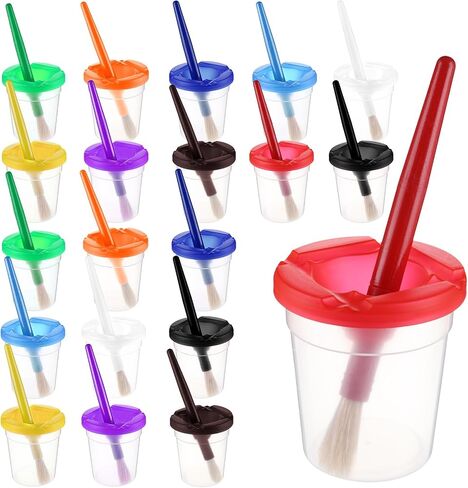 Yarlung Set of 20 Spill-Proof Paint Cups with Paint Brushes and Lids, Kids Painting Tools Hog Bristle Brushes for Watercolor, Tempera, Washable, Acrylic, Crafts, 10 Colors Matched in Kuwait