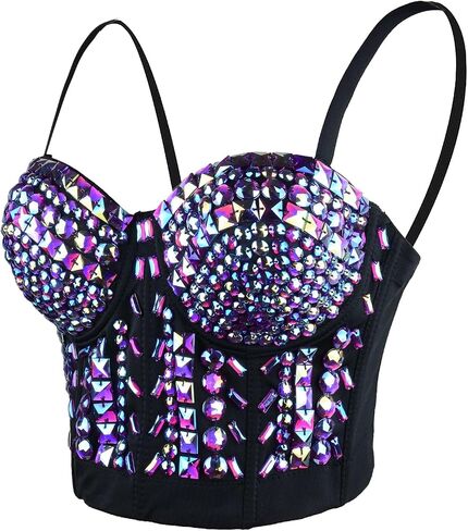 ELLACCI Women's Sexy Rhinestone Bustier Crop Top Club Party Glitter Corset Top Bra Purple in Kuwait