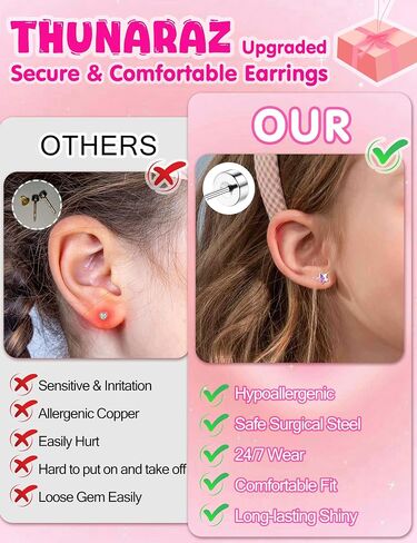 THUNARAZ 16 Pairs Hypoallergenic Screw Back Earrings for Girls Women Surgical Steel Cute CZ Heart Flower Star Butterfly Screwback Stud Earrings Set 20G in Kuwait