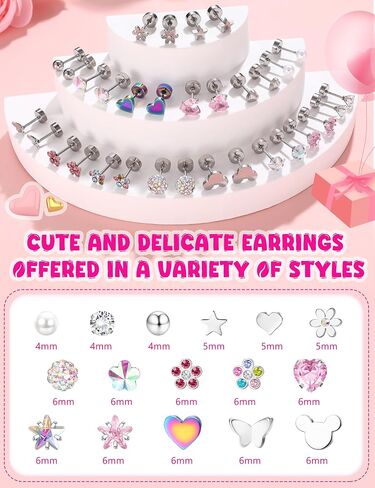 THUNARAZ 16 Pairs Hypoallergenic Screw Back Earrings for Girls Women Surgical Steel Cute CZ Heart Flower Star Butterfly Screwback Stud Earrings Set 20G in Kuwait